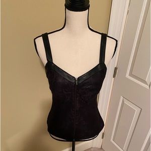 Cache Black fitted top with vegan leather straps and bust accents. Size 6